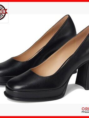Leather Pumps with Block Heel, Slip-On Design, 3.5 Inch Heel